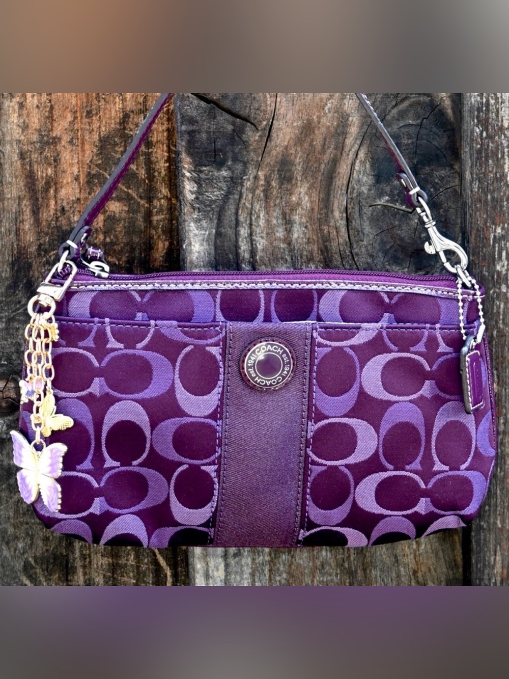 COACH Purple Signature Jacquard Wristlet with Charm
